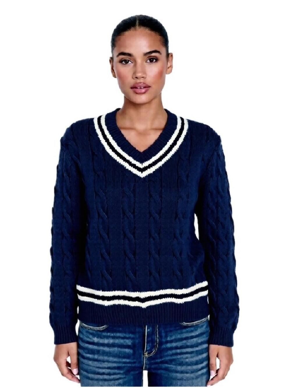 Brandy Melville Varsity Sweater Women's Medium Navy Wool Chunky Cable Knit Y2K